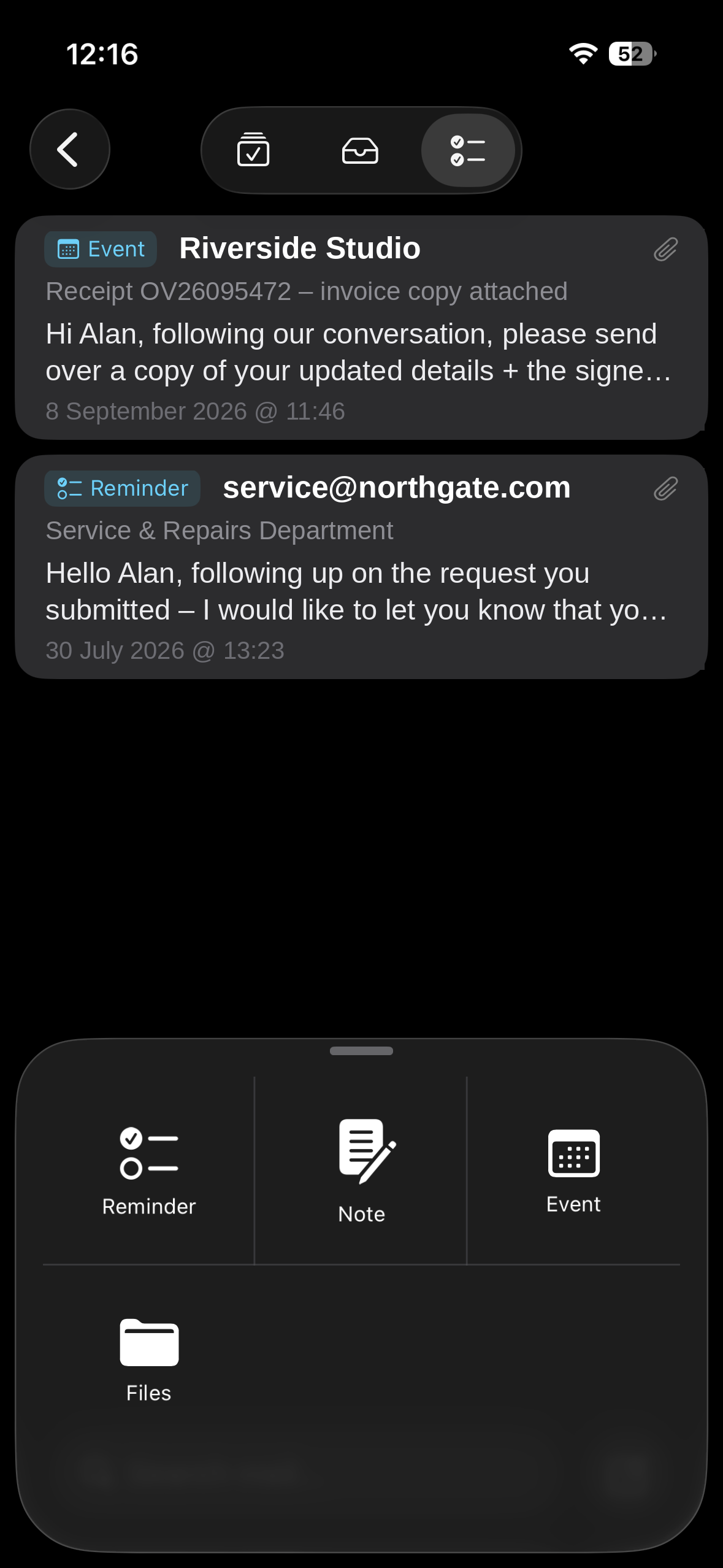 The Mailcomm Managed view: two emails turned into items, one labelled Event and one Reminder, above an open sheet offering Reminder, Note, Event and Files.