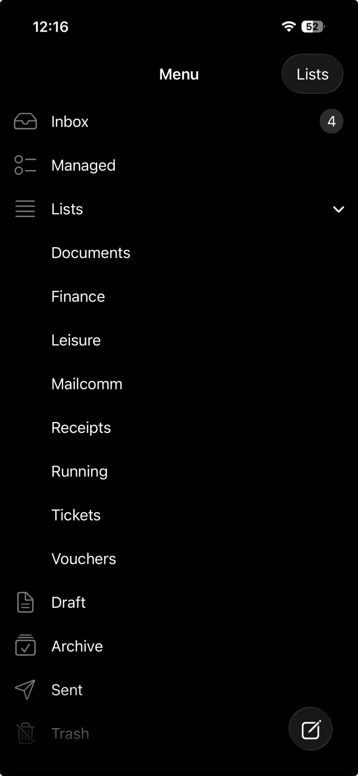 Mailcomm's menu on iPhone with Lists expanded, showing the user's own lists — Documents, Finance, Leisure, Mailcomm, Receipts, Running, Tickets and Vouchers — above Draft, Archive and Sent.