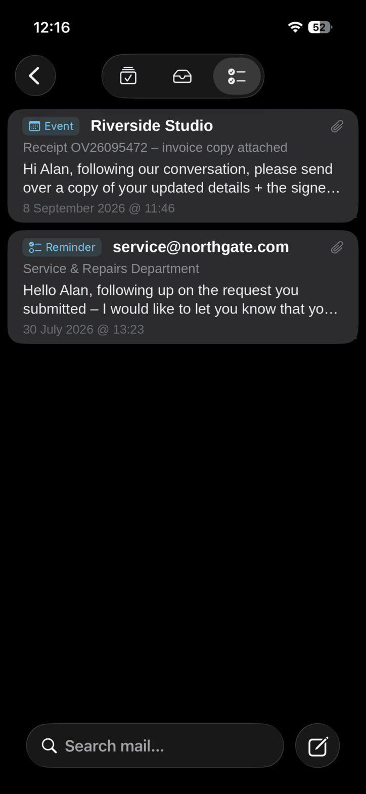 Mailcomm's Managed view on iPhone: two emails turned into items, one labelled Event and one labelled Reminder.