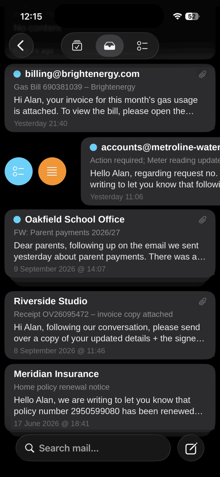 Mailcomm's Inbox on iPhone: a stack of message cards, one swiped aside to reveal two round buttons that file it — Managed and Lists.